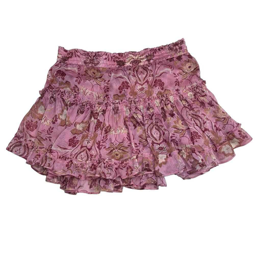 Misa Pink Brown Floral Ruffle Mini Layered Ruffles Elastic Pull On Skirt XS